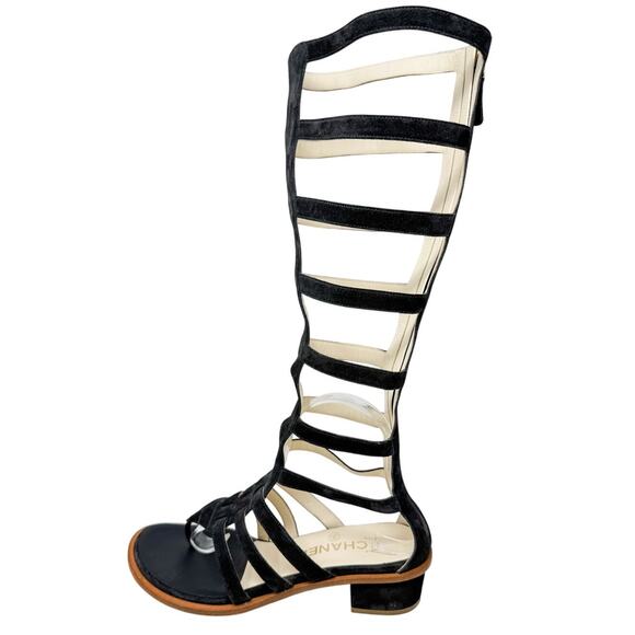 Chanel Suede Block Heel Gladiator Tall Sandals CC logo dark gray size 38 - Picture 7 of 13